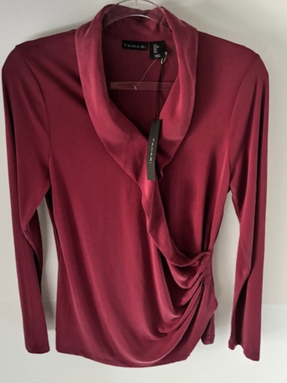 Tahari NWT Womens L Berry Rose Draped Cowl Neck Side Ruched Blouse Long Sleeve
